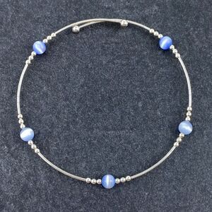 Women's Sterling Silver 925 Memory Wire Blue Simulated Cat's Eye Bracelet 7.5"
